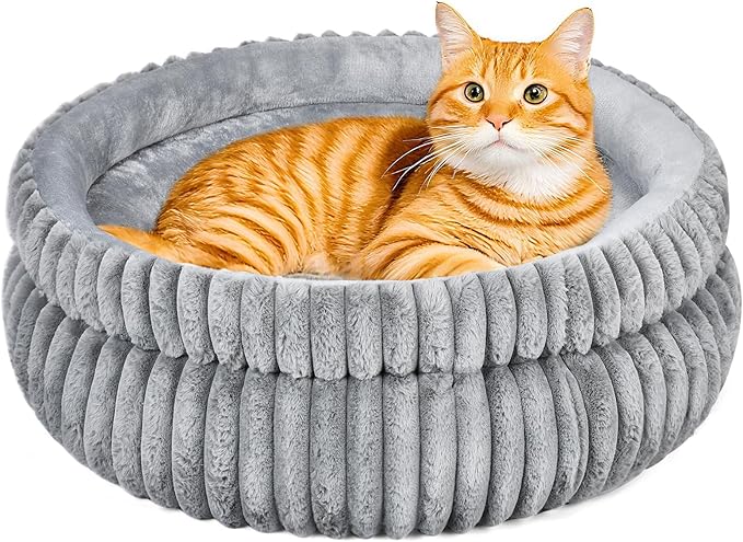 Dual-Layer Donut Cat Bed - Fluffy Round Bed for Small Pets - Ultra-Soft Cat Donut Bed for Cozy Sleep (Grey, 16 * 16 * 5.5 inch / 40 * 40 * 14 cm)