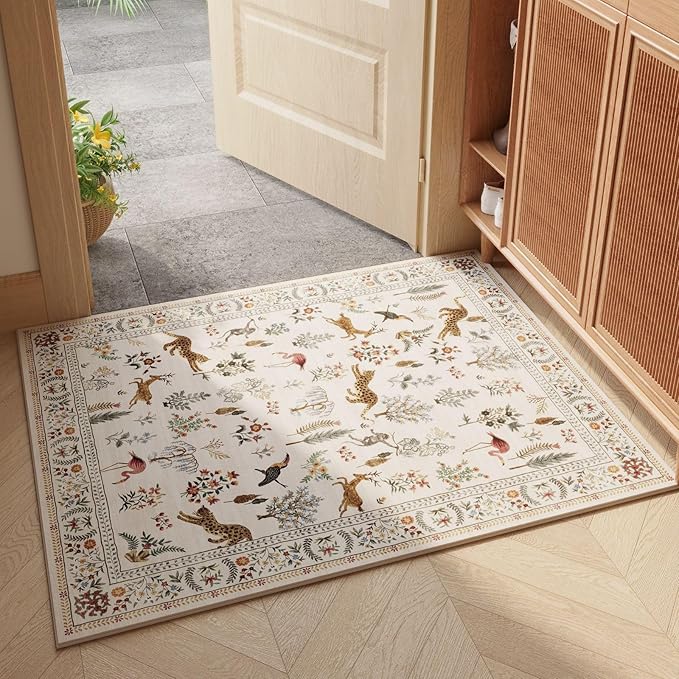 Rugcomf Door Mat Indoor Entrance 2x3 Rug Machine Washable Boho Floral Animal Small Area Rug Non-Slip Low Pile Throw Rugs for Entryway, Kitchen, Front Door Indoor Entrance, Entry, Kids Room (Beige)