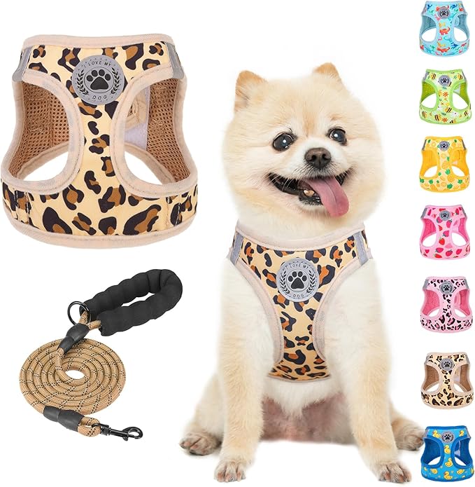 BEAUTYZOO Step in Dog Harness and Leash Set,Reflective Dog Harness No Pull No Choke Puppy Harness for Small Medium Large Dogs Cats,Soft Padded Mesh Vest Harnesses for Girl Boy Pets,Leopard Khaki S