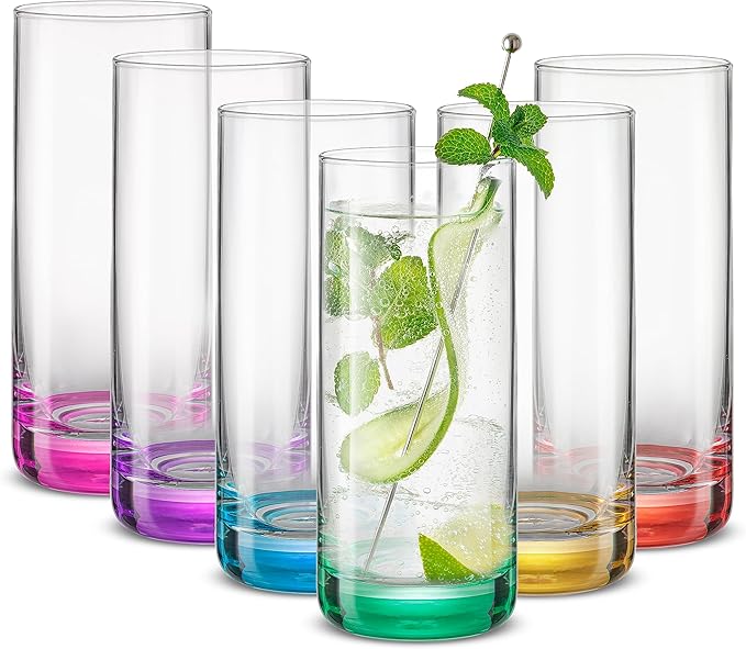 JoyJolt Hue Highball Glasses Set of 6 Tall Drinking Glasses, 13oz Bourbon Whiskey Glass Cups Set, Mojito Glass Tumbler also for Tom Collins Cocktail or Water, Colored Glassware Sets
