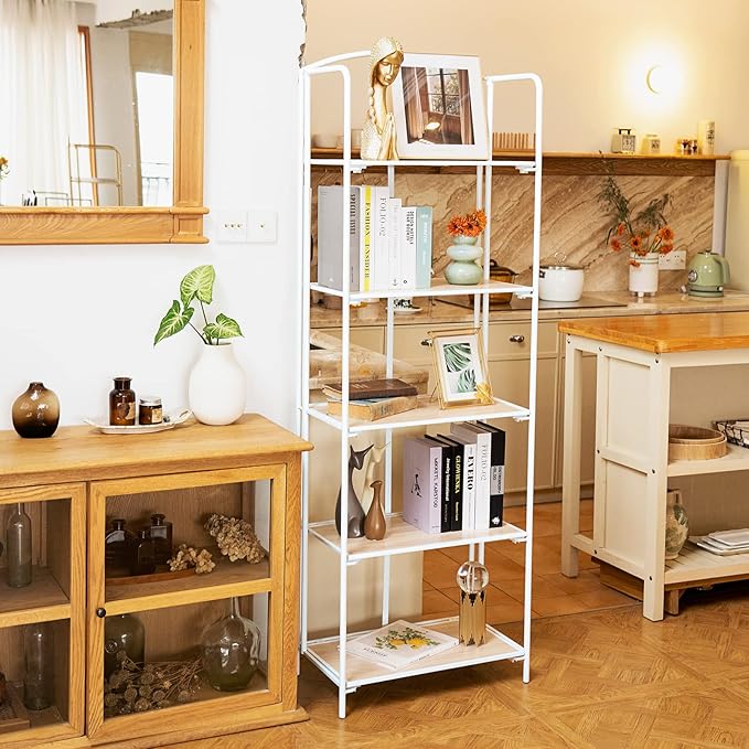 Crofy No Assembly Folding Bookshelf for Living Room, 5 Tier White Collapsible Book Shelf for Home Office, Portable Bookcase Storage Organizer