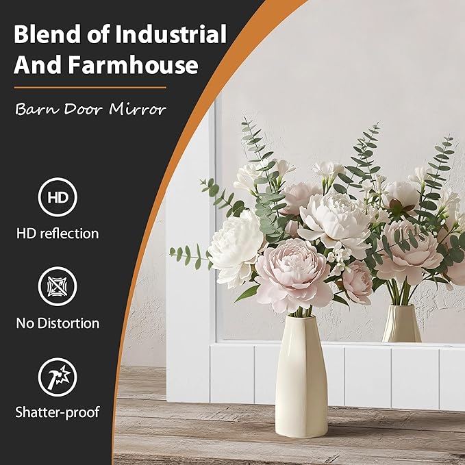Besdomus Bathroom Farmhouse Large Mirror: 24"x36" White Barn Door Solid Cedar Wood Frame Vanity Mirror - Rustic Wall Mounted Mirror for Bathroom/Living Room/Entryway - Farmhouse Decor for Homemakers