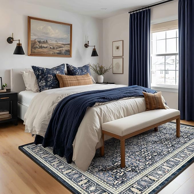 Living Room Rugs 6x8, Transitional Moroccan Floral Trellis Area Rugs for Bedroom Dining Room, Washable Non Slip Low Pile Thin Carpet Rug for Playroom Guest Room Home Office, Dark Blue