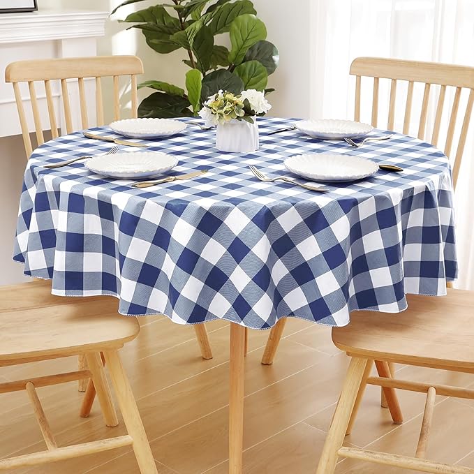misaya Round Waterproof Vinyl Table Cloth, Buffalo Flannel Backed Tablecloth, Wipeable Plastic Table Cover for Dinner, Kitchen, Picnic (60", White and Navy)