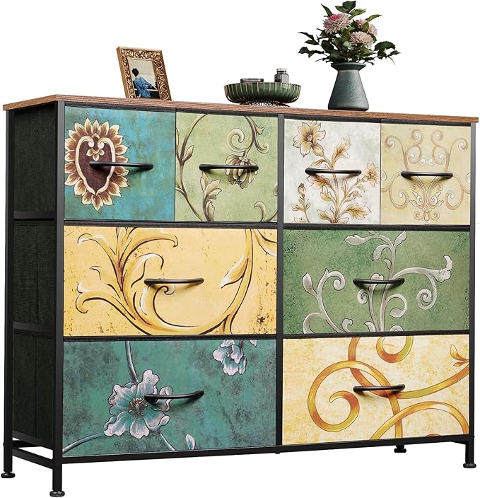 WLIVE 8 Drawer Dresser for Bedroom, Wide Fabric Dresser Storage Organizer, Chest of Drawers with Wood Top, Sturdy Steel Frame, Dressers for Living Room, Closet, Hallway, Floral Painted