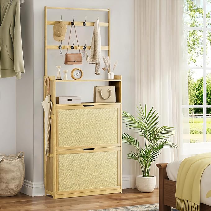 Shoe Cabinet with 2 Rattan Flip Drawers，Bamboo Shoe Storage Cabinet with Coat Hooks, Freestanding Shoe Cabinet Storage for Entryway,Hallway, Closet, Living Room,Natural
