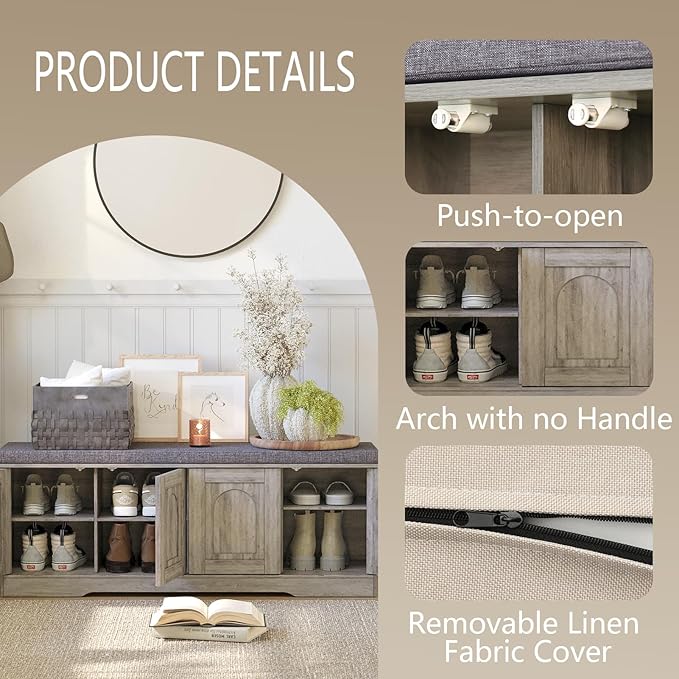 DINZI LVJ Shoe Bench, Entryway Storage Bench with Doors, Cushion, 2-Tier Shoe Rack with 8-Cubby, 47.2”L x 13.8”W Shoe Organizer Cabinet, Adjustable Shelf, Living Room, Bedroom, Gray Wash