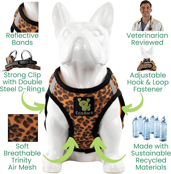 EcoBark Step in Dog Harness - Eco-Friendly Teacup Dog Harnesses for XXS, XS, and Small Dogs - Reflective and Adjustable Mini Body Halter Vest -Tiny Soft Mesh Harness Under 5 lbs (Leopard, XXXS)