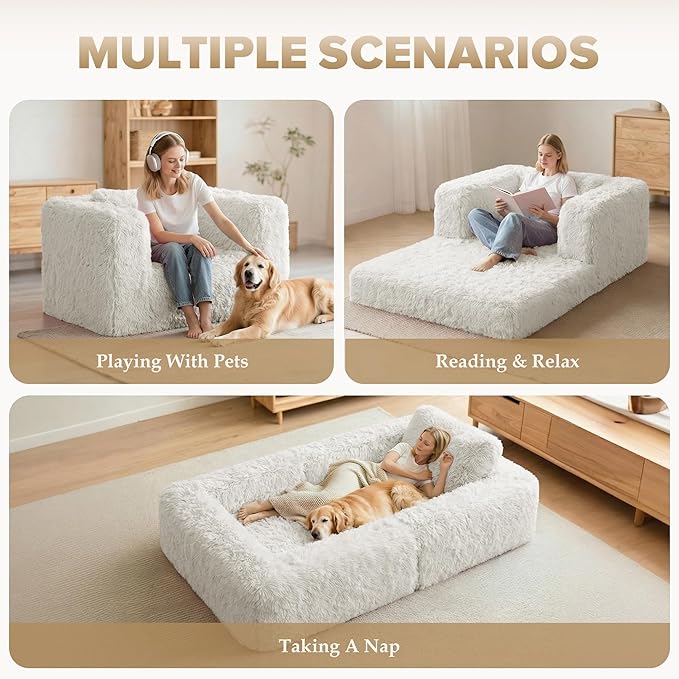 HABUTWAY Convertible Sofa Bed,3-in-1 Folding Futon Sofa Bed with Pillow, Foldable Sleeper Sofa Bed with Removable Cover,Plush Boneless Floor Chair Couch Lounge for Living Room,(Full,White)