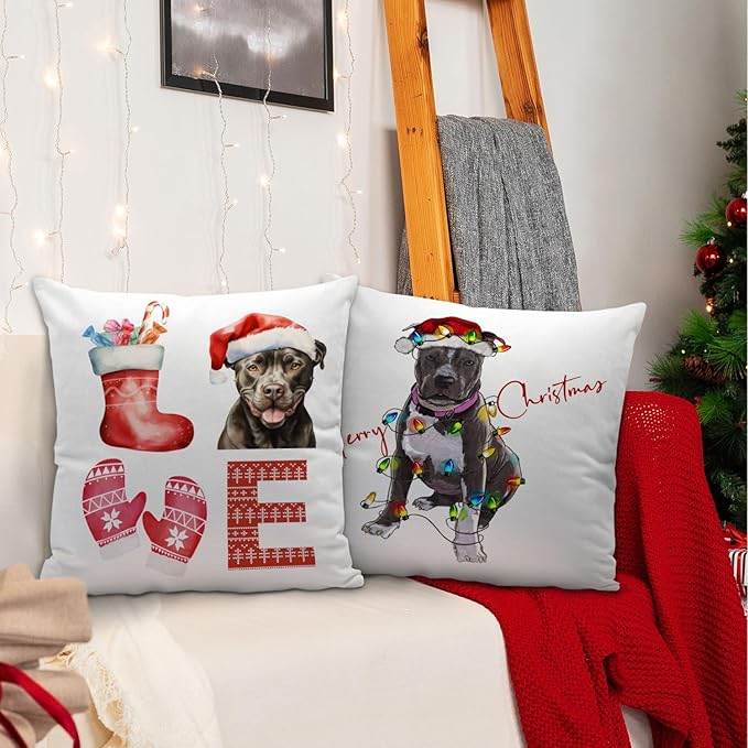 Pitbull Christmas Pillow Covers 18x18, Gifts for Pitbull Lovers Women, Mom Gifts, Merry Christmas Xmas Pillow Covers, Living Room Bedroom Decor, Set of 2
