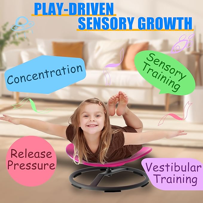 Spinning Chair for Autistic Kids, Autism Sensory Spinny Swivel Wobble Chair for ADHD Children, Sit and Spin Toys for Toddlers with Body Coordination (Pink)