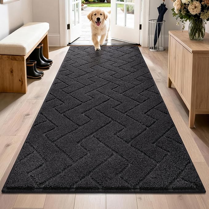 PURRUGS Dirt Trapping Door Mat 32" x 70", Non-Slip Machine Washable Entry Rug, Dog Doormat, Indoor Front Door Mat, Super Absorbent Entryway Rug for Muddy Shoes & Paws, Black