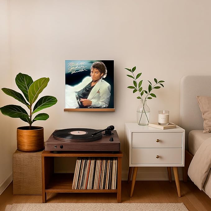 VOL-KI 4-Pack Vinyl Record Shelf Wall Mount – Solid NZ Pine Wood Floating Vinyl Display Shelf & Record Holder, Includes Now Playing Display, Marking Strip & Mini Level (Brown Pine)
