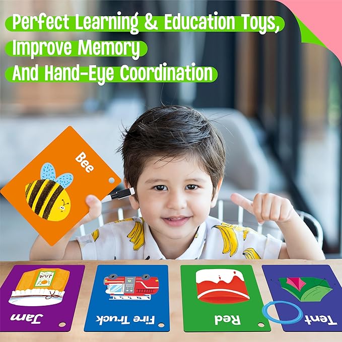 50 PCS First Word Flashcards, Double Sided Learning Cards Alphabet, Foods, Animals, Shapes, Colors, Vehicle, Body Parts with 2 Reclosable Rings, Learning Tool for Pre-K Kindergarten Toddlers