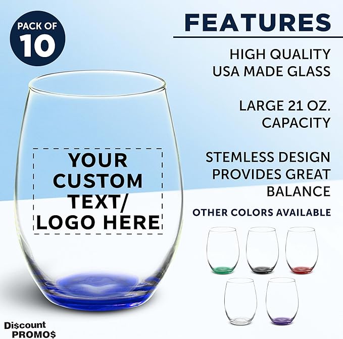 DISCOUNT PROMOS 10 ARC Stemless Wine Glasses Set, 21 oz. - Customizable Text, Logo - Chardonnay, Cabernet, Merlot, Sauvignon - Blue