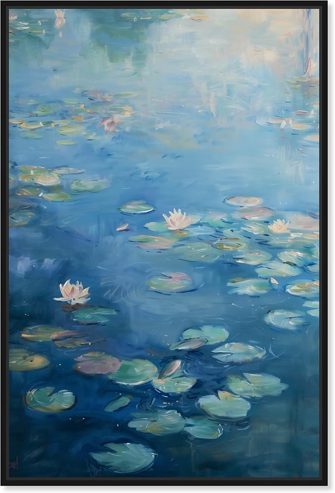 Art Remedy Lilypads In Blues Framed Impressionism 1 Piece Canvas Wall Art/Monet And Van Gogh Inspired Art, 11" x 16", Black Frame