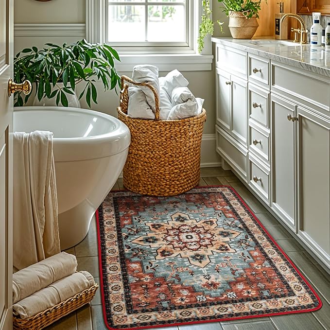 LBRO2M Rug for Entryway Indoor 2X3 Washable Rug Boho Design Door Carpet Throw Rugs for Kitchen Bathroom Non Slip Pet Friendly Area Rugs (2X3, Red)