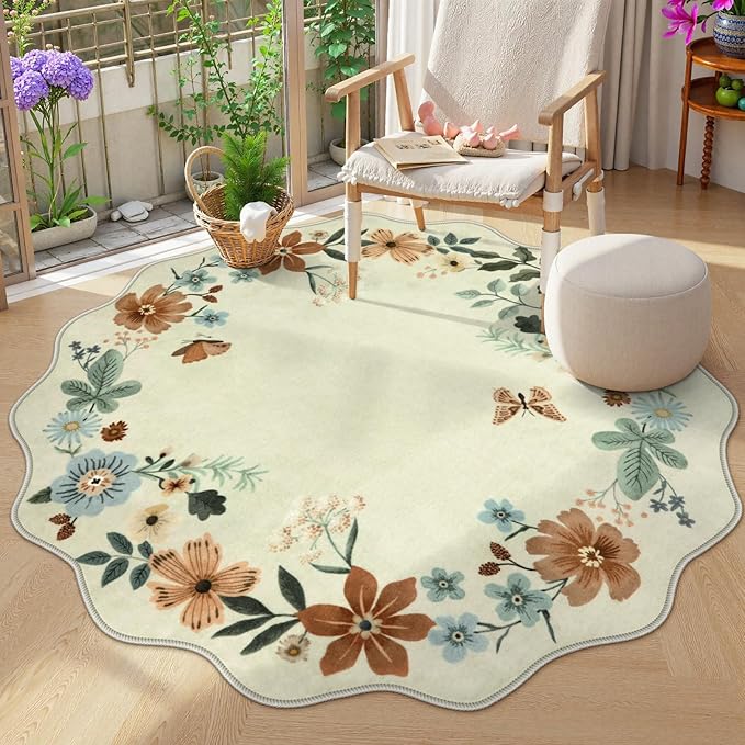Lahome Floral Washable Round Rugs, Non-Slip Soft Round Rug 4ft Ultra-Thin, Small Boho Circle Carpet for Entryway Kitchen Bedroom Nursery Bathroom, Beige