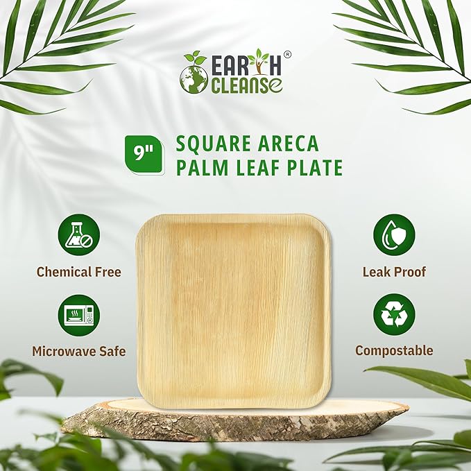 Compostable Palm Leaf Plates 9 Inch Square (25 Pack) | Disposable Biodegradable Plates Like Bamboo & Wooden | Microwave & Oven Safe | Eco-Friendly