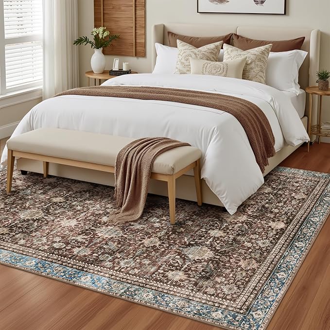 Washable Area Rugs 5x7 Vintage Red, Indoor Rug for Living Room Bedroom, Traditional Farmhouse Carpet for Dining Room