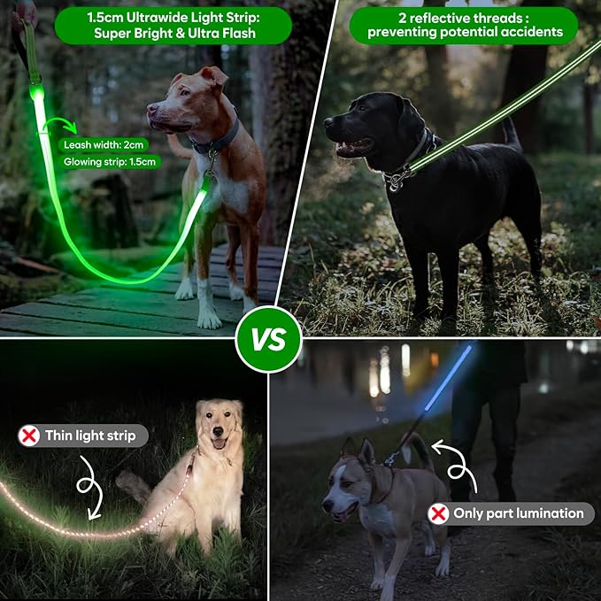 LED Dog Leash, Light Up Dog Leash 4 Ft Fully Illuminated USB Rechargeable Waterproof, Nylon Reflective Leashes with Padded Handle for Dogs Night Walking, Safety Glow in The Dark for Large Medium Pets