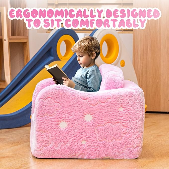 Lamerge 2-in-1 Toddler Couch,Glow in The Dark Baby Floor Bed,Foldable Toddler Chair Kids Sofa for playroom,Convertible Sofa to Lounger for Girls and Boys (Pink and Clouds)