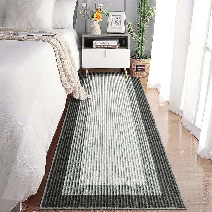 GarveeHome Entryway Bathroom Rug 2x6 Runner Modern Bordered Washable Rug, 2x6 Runner Kitchen Rug for Hallway Non-Slip Low-Pile Soft Runner Carpet for Bedroom Laundry Room, Grey