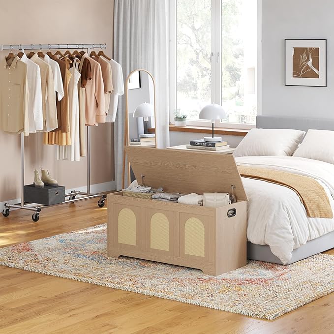 DINZI LVJ Storage Chest, 39.4" Rattan-Like Box with 2 Safety Hinges, Wooden Entryway Shoe Bench with Flip-Top, Storage Trunk for Living Room, Bedroom, Easy Assembly, Natural