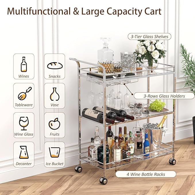 Bar Cart Silver, Home Bar Serving Cart, Modern Bar Cart with 3-Tier, Mobile Kitchen Shelf with Wine Rack and Glass Holder, Bar Carts for The Home, Dining Room, Living Room