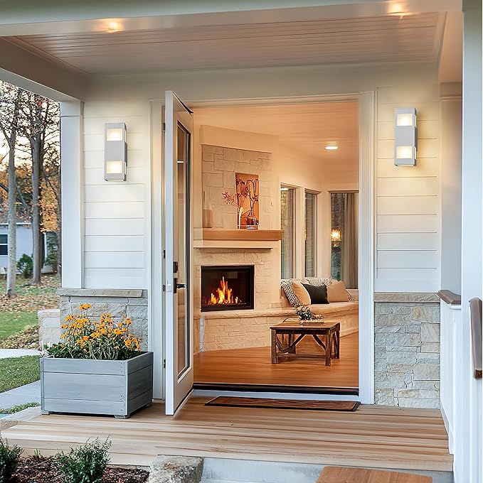 harriet Porch Lights Outdoor Modern - IP64 Waterproof Aluminum and Tempered Glass Cover, 13" Rectangular Up/Down Wall Sconce for Porch, Garage & Patio, Exterior Lighting, White, 2 Pack