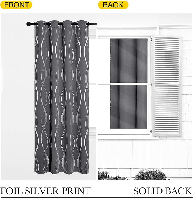 NICETOWN Extra Long Blackout Curtains for Large Window, Foil Printed Wave Lines Energy Saving Thermal Insulated Blackout Draperies for Kids Nursery Boys Bedroom (1 Pair, 52 inches by 108 inches, Grey)