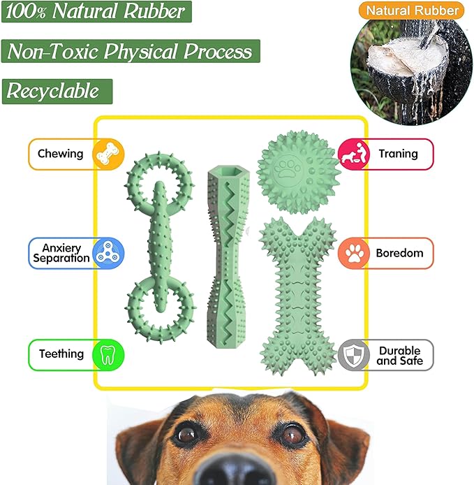 4 Pack Puppy Toys for 2-8 Months Pets Dog Chew Toy for Small Puppies Teething Toys for Cleaning Teeth Food Dispensing Soft Durable Rubber Bone Funny Ball Interactive Donut Treat Dumbbell (Green)