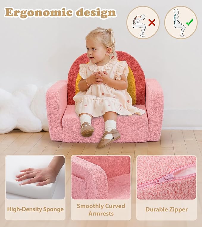 Kids Couch, 2-in-1 Soft Toddler Couch Fold Out with Blanket, Comfy Toddler Chair, Convertible Sofa to Lounger, Convertible Sofa to Lounger, Gifts for Kids Girl Boys, Medium Colorful Pink Rainbow