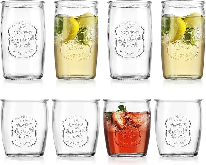 Glaver's Ice Cold Set of 8 Drinking Glasses 4-20 Oz Highball Glasses, and 4-13 Oz Whiskey Glass Cups For Everyday Home Use Water glasses, Beer, Juice, Cocktail.