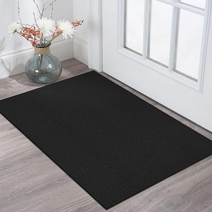 KOZYFLY Indoor Door Mat 2x3 ft Small Area Rugs Washable Front Door Mat Non Slip Rubber Backed Entryway Rug Cotton Entrance Doormat for Front Porch Bathroom Kitchen Bedroom, Black/Dark Grey