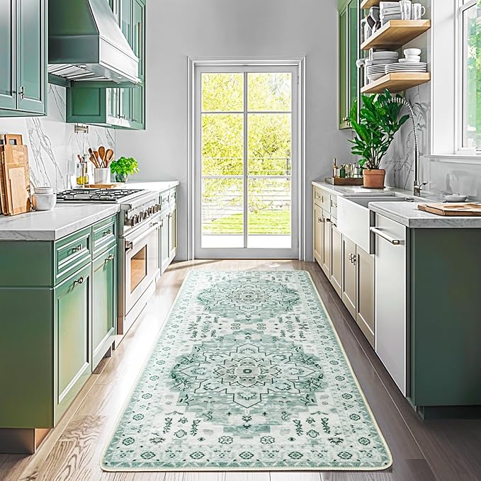 LBRO2M Boho Runner Rug 2X6 Hallway Rug Non Slip Washable Runners for Hallways, Bedroom, Kitchen Laundry Room Pet Friendly Area Rugs (2X6, Green)