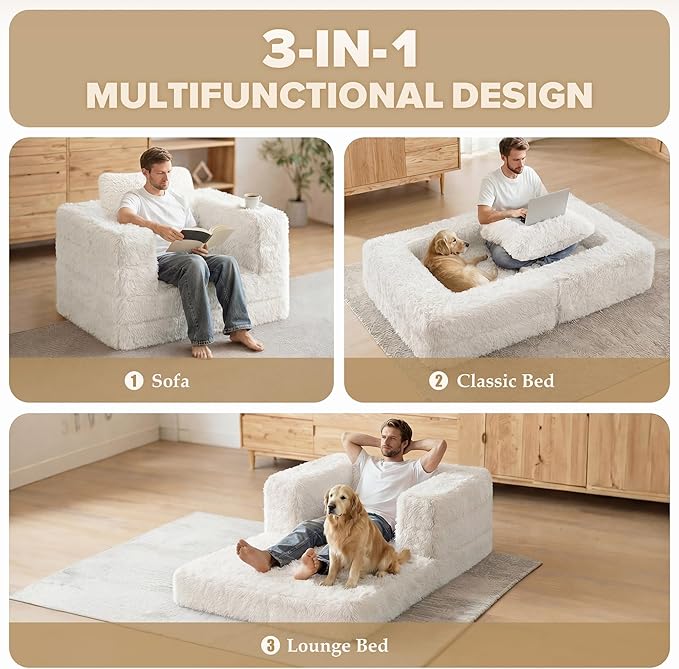 HABUTWAY Convertible Sofa Bed,3-in-1 Folding Futon Sofa Beds with Pillow, Foldable Sleeper Sofa Bed with Removable Cover,Plush Boneless Floor Chair Couch Lounge for Living Room,(Twin,White)