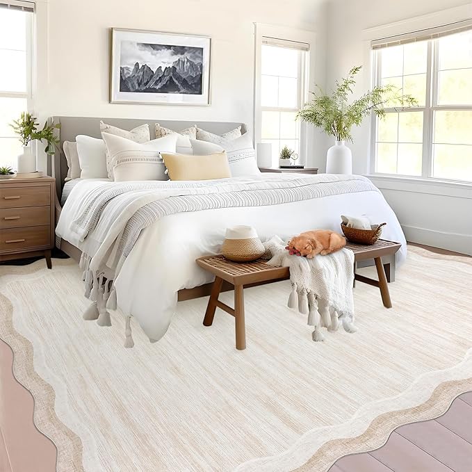 GarveeHome Scalloped Rug 5x7 Modern Solid Living Room Carpet, Non-Slip Contemporary Easy Cleaning Rug, Machine Washable Low Pile Indoor Rugs for Entryway,Bedroom, Playroom,Dorm,Office, Beige