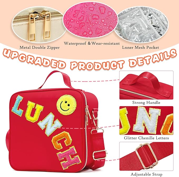 Insulated Lunch Bag Women Lunch Box Kids for Teen Girls Boys, Cute Preppy Lunch Boxes With Adjustable Shoulder Strap, Waterproof Nylon Lunchbox Lunch Bags for School Work Picnic (Red)