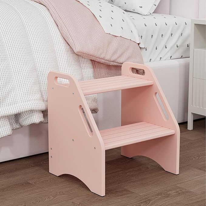 AMBIRD Wooden Kids Step Stool, 15.75'' H Potty Training Toddler 300 lbs Capacity with Safety Non-Slip Pads and Handles, Kitchen Step Stools for Kids, Bamboo Step Stool for Bathroom, High Beds (Pink)