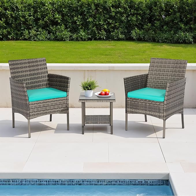 FDW | 3-Piece Patio Furniture Set | Gray & Blue | Outdoor Wicker Furniture with Coffee Table | Modern Rattan Chairs Conversation Set | Outdoor Seating | Weather-Resistant | for Porch, Garden, Lawn