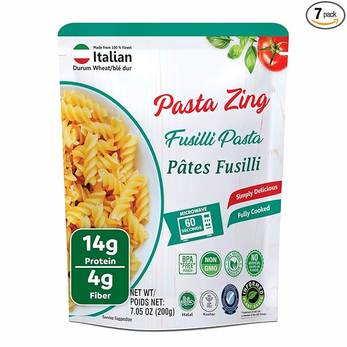 Pasta Zing Fusilli Pasta ??Fully Cooked Spiral Pasta, Microwaveable in 60 Seconds, Made with 100% Italian Durum Wheat, Non-GMO, Halal & Kosher Certified, No Preservatives ??7.05 oz (Pack of 7)