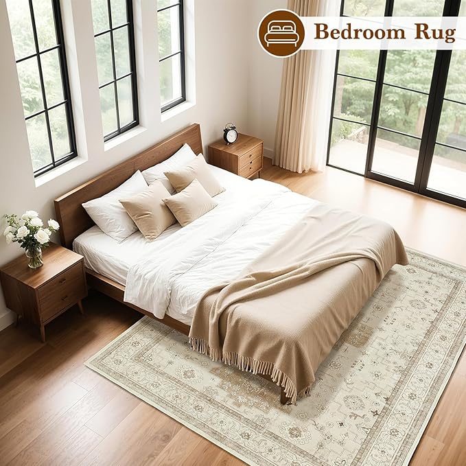 LBRO2M Farmhouse Washable Rugs 5X7 for Living Room Bedroom Vintage Non Slip Rugs Easy Clean, Low Piles Stain Resistant Carpet Distressed Area Rug Great for Pets and Family (5'X7' Beige)