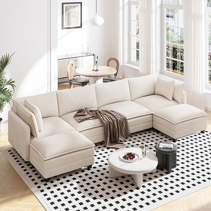 Vesgantti 143" U Shaped Sectional Modular Couch, Comfy Corduroy Upholstered Modular Cloud Sofas for Living Room, Modern Sectional Sofa with 2 Ottoman Deep Seat, Beige
