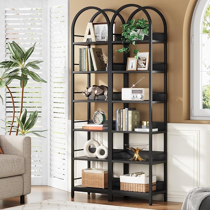 LITTLE TREE 6-Tier Open Bookshelf Set 2, Freestanding 78.7" Tall Arched Bookcase, Black Wooden Bookshelf with Metal Frame, Narrow Bookcase Display Shelves for Living Room, Bedroom, Office