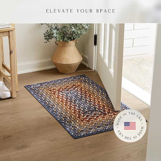 Maples Rugs Marion Bohemian Braided-Style Print Area Rug ??Made in USA ??Washable, Non-Slip Low-Profile Indoor Throw Rug for Foyer, Kitchen & Bathroom, 34" x 20", Multi-Color