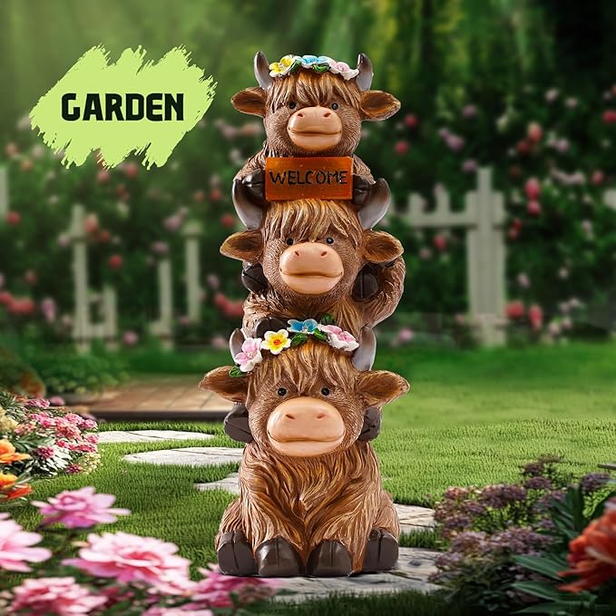16 in Large Garden Highland Cow Statue Solar Garden Sculptures & Statues with Flower Decoration Birthday Gifts for Women Mom Funny Triple Big Highland Cow Decor for Yard Garden Patio Lawn Ornaments