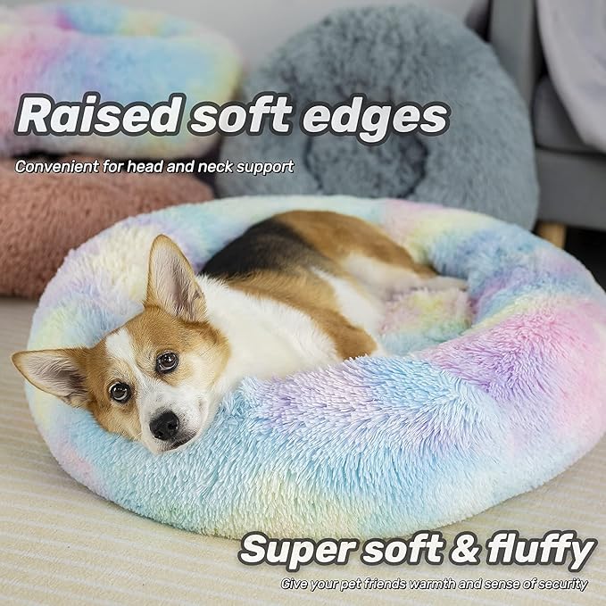 Anti Anxiety Round Fluffy Plush Faux Fur Warm Washable Dog Bed & Cat Bed, Original Bed for Small Medium Large Pets,Used to Relieve Joints and Improve Sleepï¼?0"/24"/27''ï¼?(27", Rainbow)