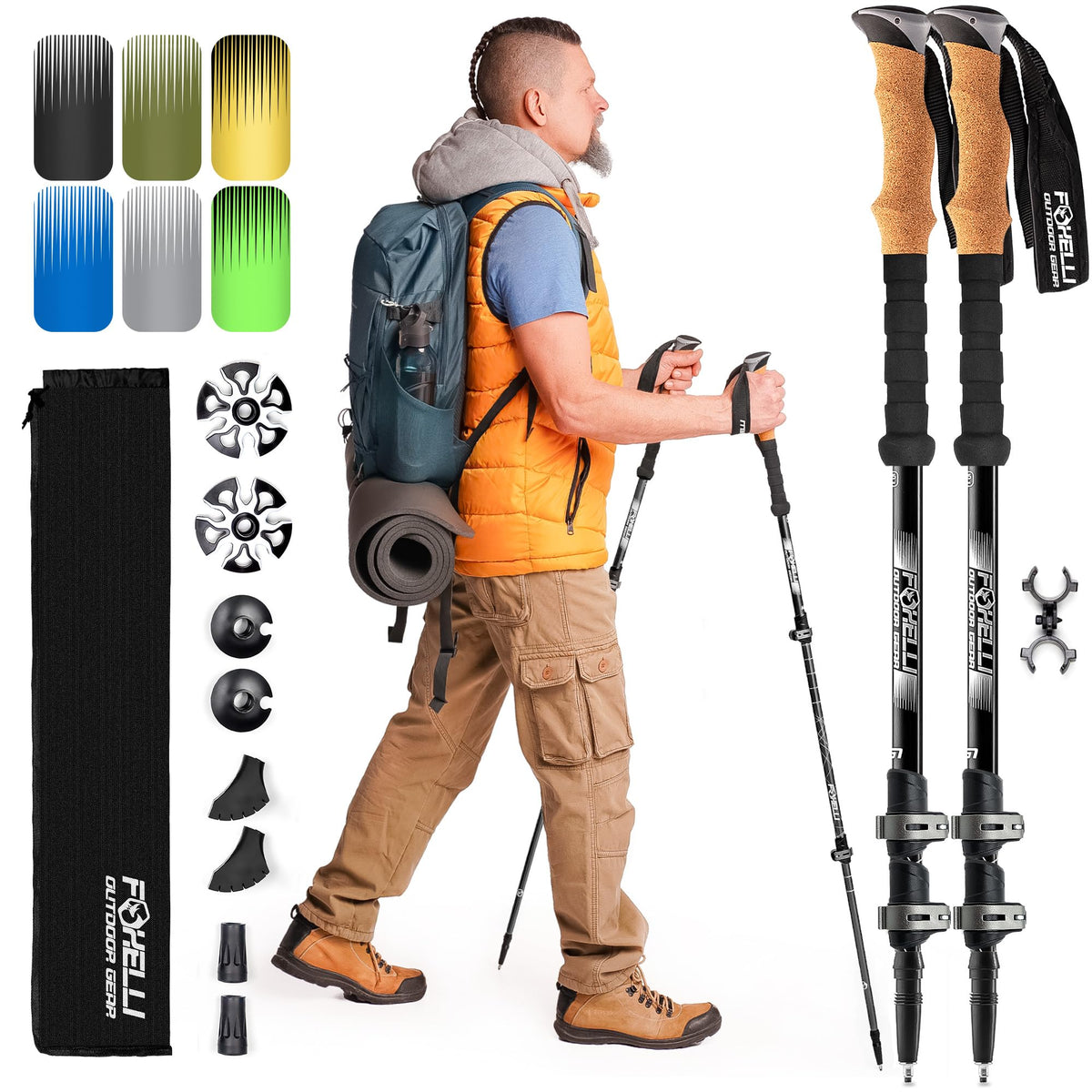 Foxelli Trekking Poles – Lightweight Collapsible Aircraft Grade Aluminum Hiking Poles with Cork Grips Quick Locks & All-Terrain Accessories – Pair of 2