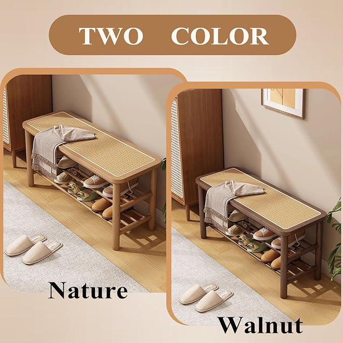 Bamboo Shoe Rack Bench with Rattan Seat, 3-Tier Shoe Storage Bench, Entryway Bench for Hallway,Walnut 39.4 inches